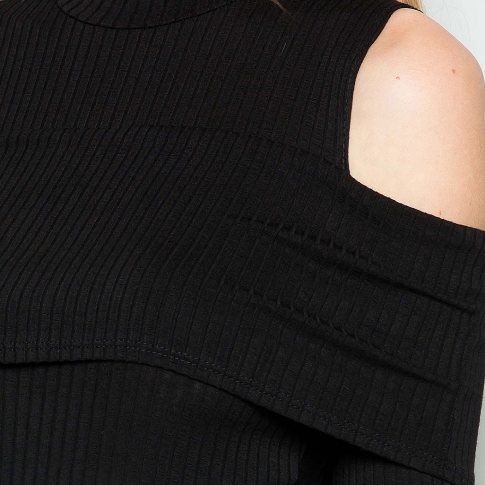 CY Fashion Ribbed Bodycon Black Cold Shoulder, Long Sleeve Fitted Dress hp 10x🔥 - Picture 3 of 13